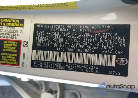 2019 Toyota Camry L/Le/Xle/Se/Xse z USA, uszkodzony, nr VIN 4T1B11HK8KU209074